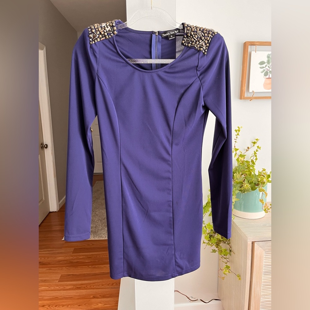 DOUBLE ZERO Jeweled Shoulders Long Sleeve A-Line Mini Dress - Picture 1 of 6